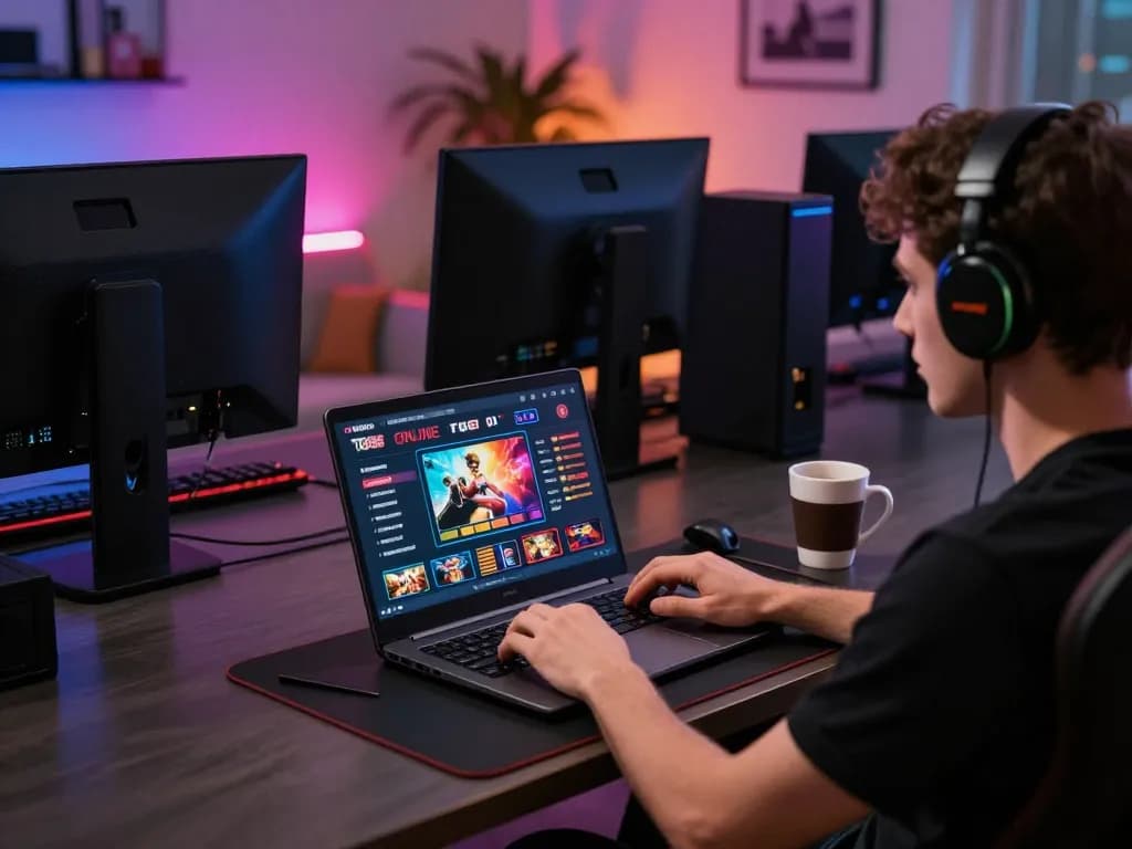 Person enjoying the TG88 online casino experience at a stylish home setup, engaging with a laptop and responsible gaming atmosphere