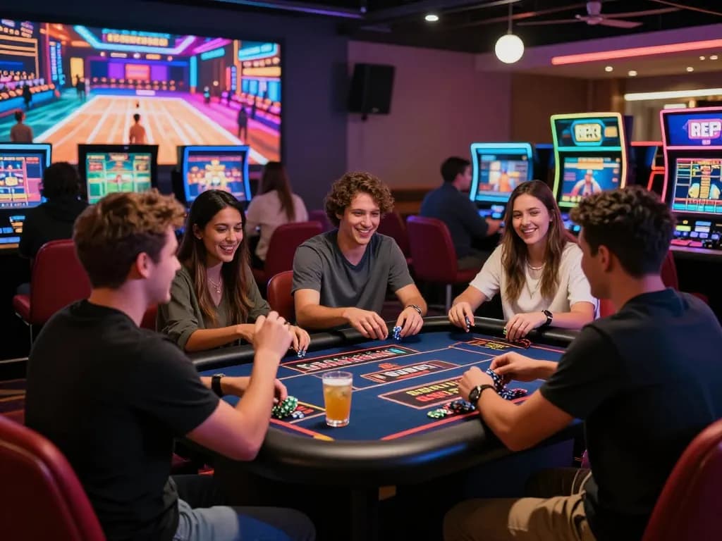 Friends enjoying a vibrant gaming night at https://nohu78.de.com with interactive roulette table and bright atmosphere.