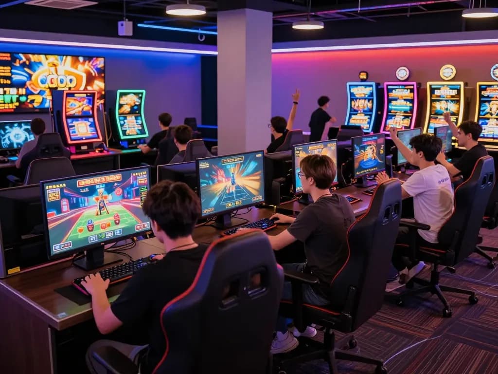 Experience the excitement of online gaming at https://tt888.de.com with dynamic gaming studios, colorful lights, and enthusiastic players.