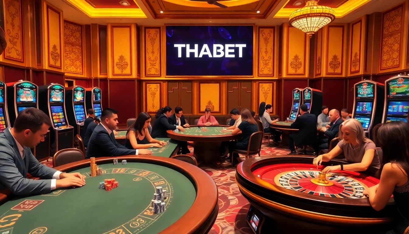 Engaging poker game scene at a THABET casino, featuring vibrant colors and luxurious ambiance.