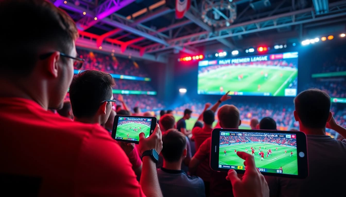 Socolive.network live streaming scene with fans enjoying Premier League matches on various devices.