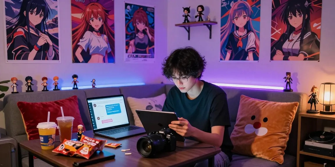 Engaging ai hentai chat scene with ambient lighting and anime decor.