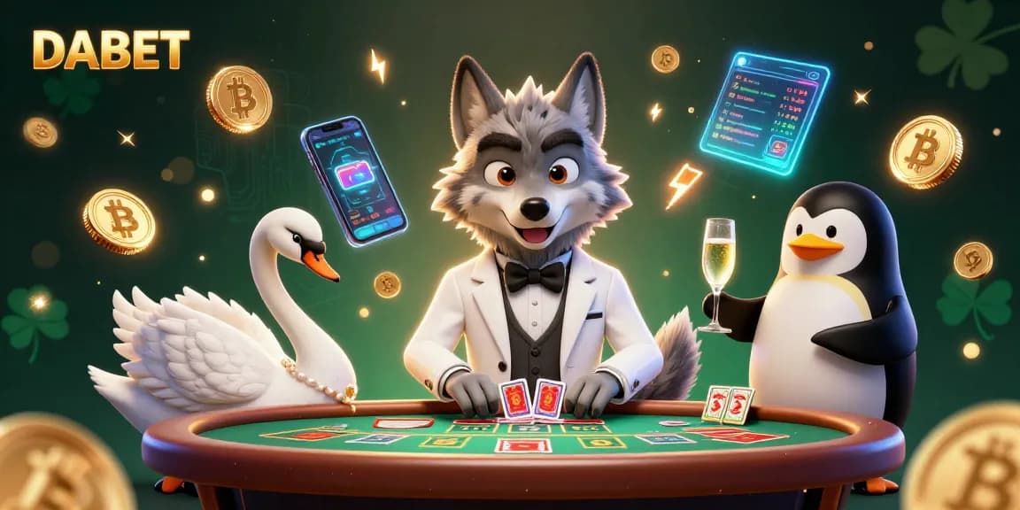 DABET players enjoy a glamorous baccarat scene with animated characters showcasing card dealing and champagne presentation.
