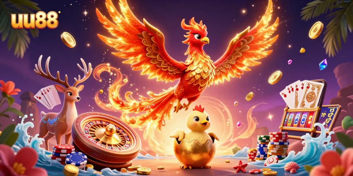 Experience the thrill of uu88 with a vibrant 3D casino scene featuring a phoenix and treasures.