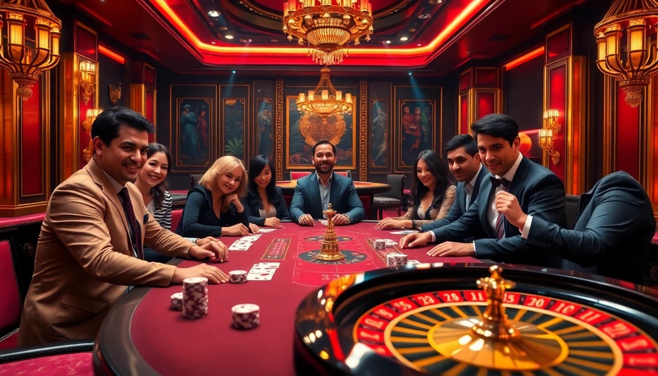Players enjoying a thrilling game at a luxurious gaming table at uu88 company casino.