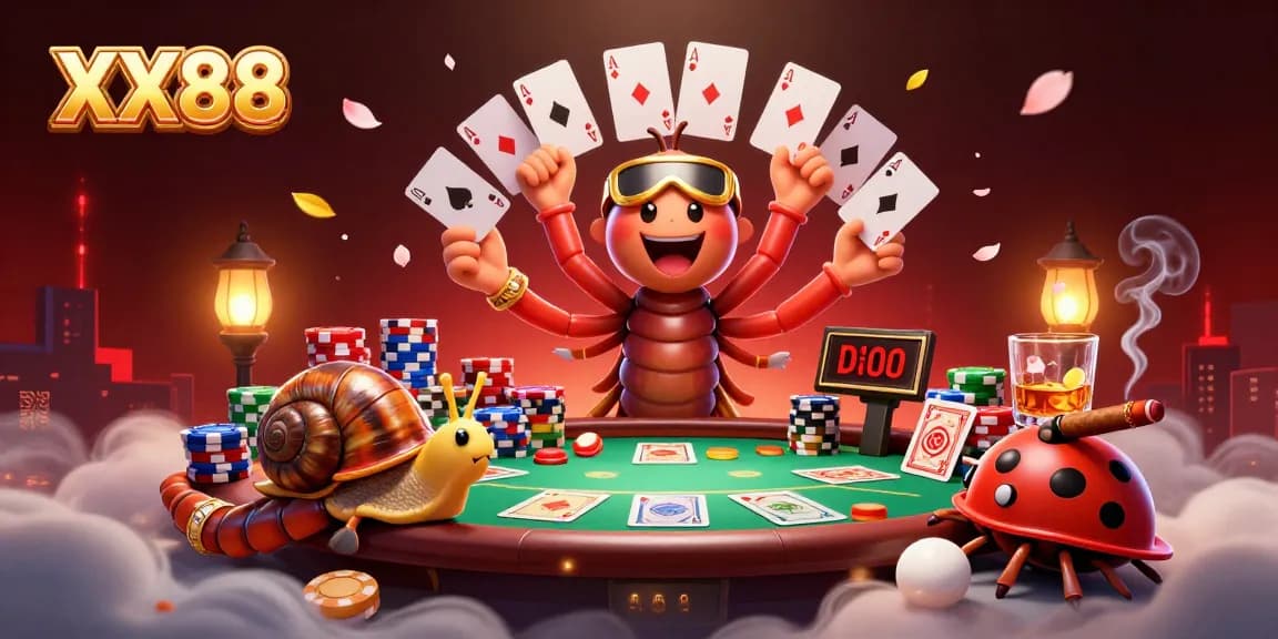 Engage with XX88's thrilling atmosphere featuring a whimsical millipede dealer and a snail high-roller.