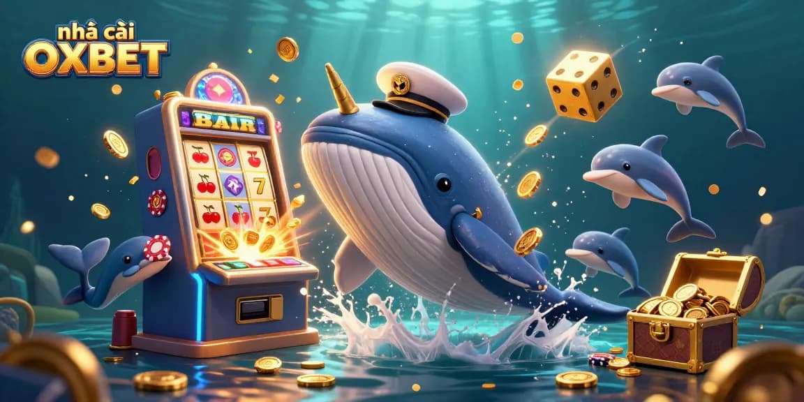 Experience the thrill at nhà cái OXBET with a vibrant 3D casino illustration showcasing whales and jackpot features.