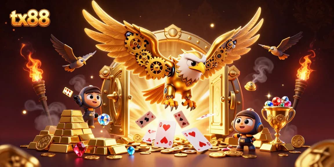 Experience the thrill of winning at tx88 with a cybernetic eagle diving through a cascade of holographic cards.