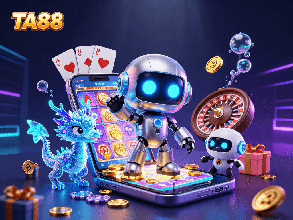 TA88 engages players with a vibrant, dynamic casino illustration featuring robots, games, and gold coins.