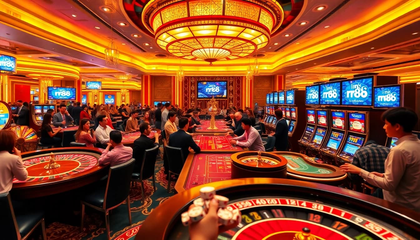 Experience high-stakes action with link rr88 at this luxurious casino scene filled with roulette wheels and slot machines.