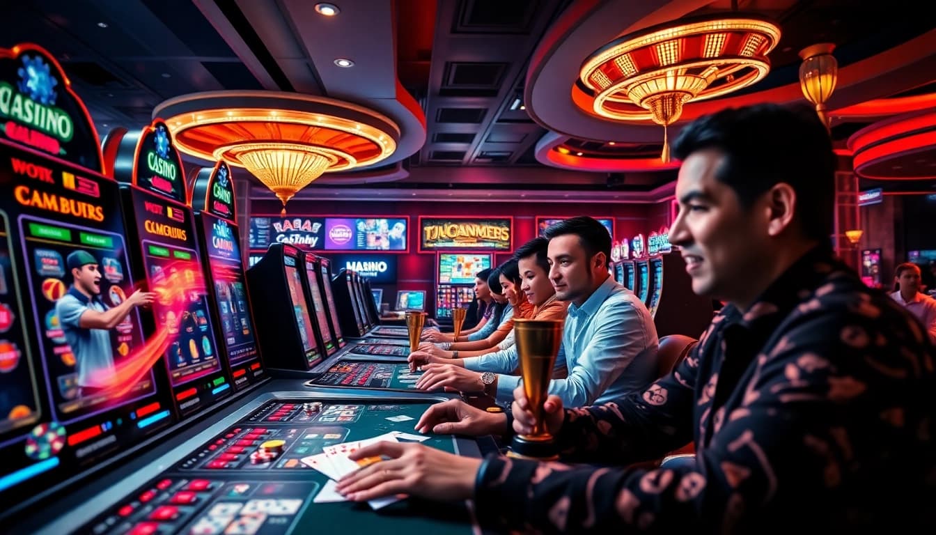 Engaging online casino gaming environment with players enjoying varied games on mmo.ad, highlighting excitement and luxury.