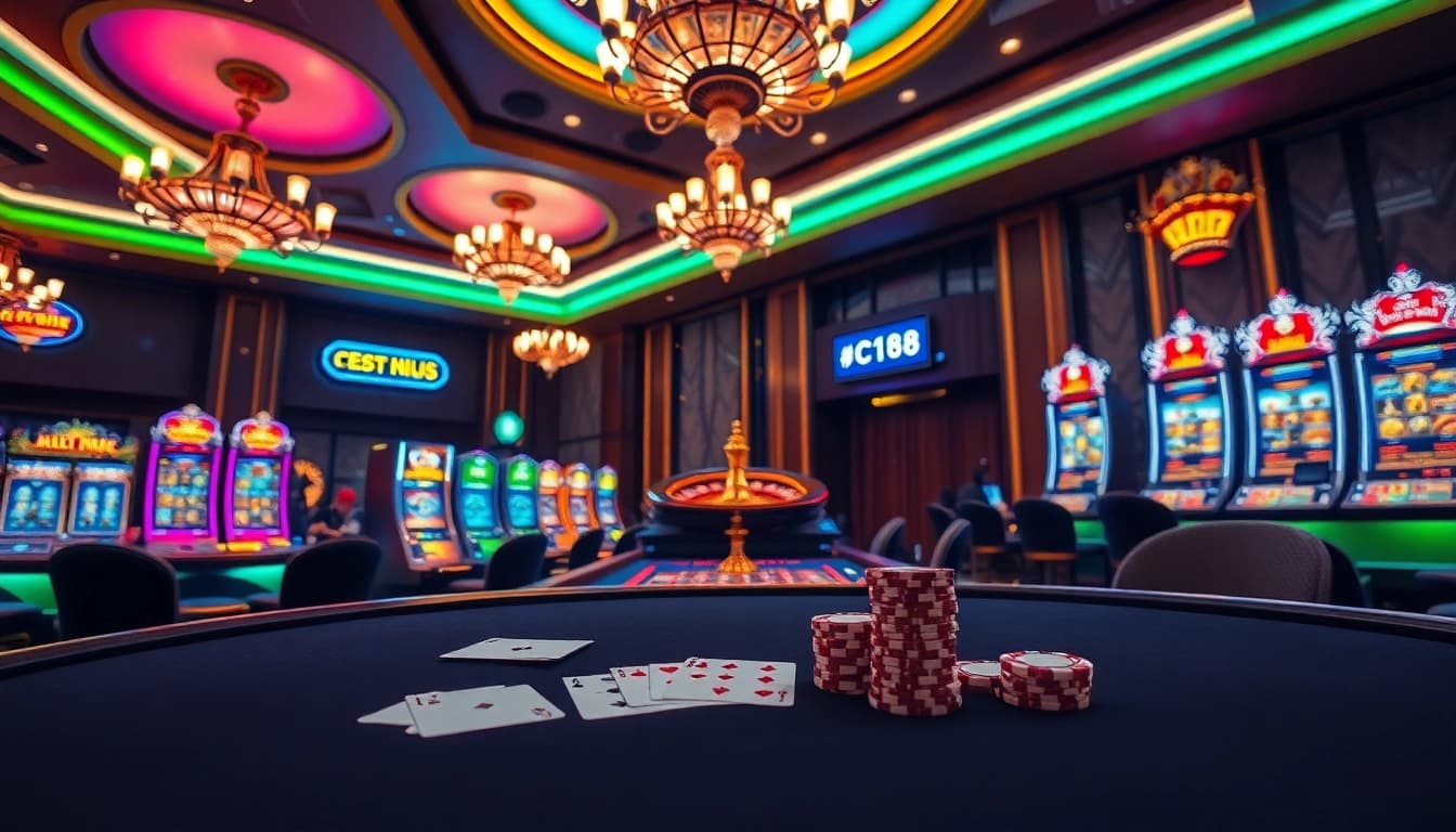 C168 players strategy at an upscale casino with poker chips and vibrant slot machines.