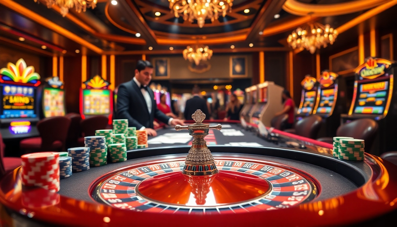 Feel the excitement at Luckywin's casino, featuring a luxurious roulette table and vibrant poker chips.