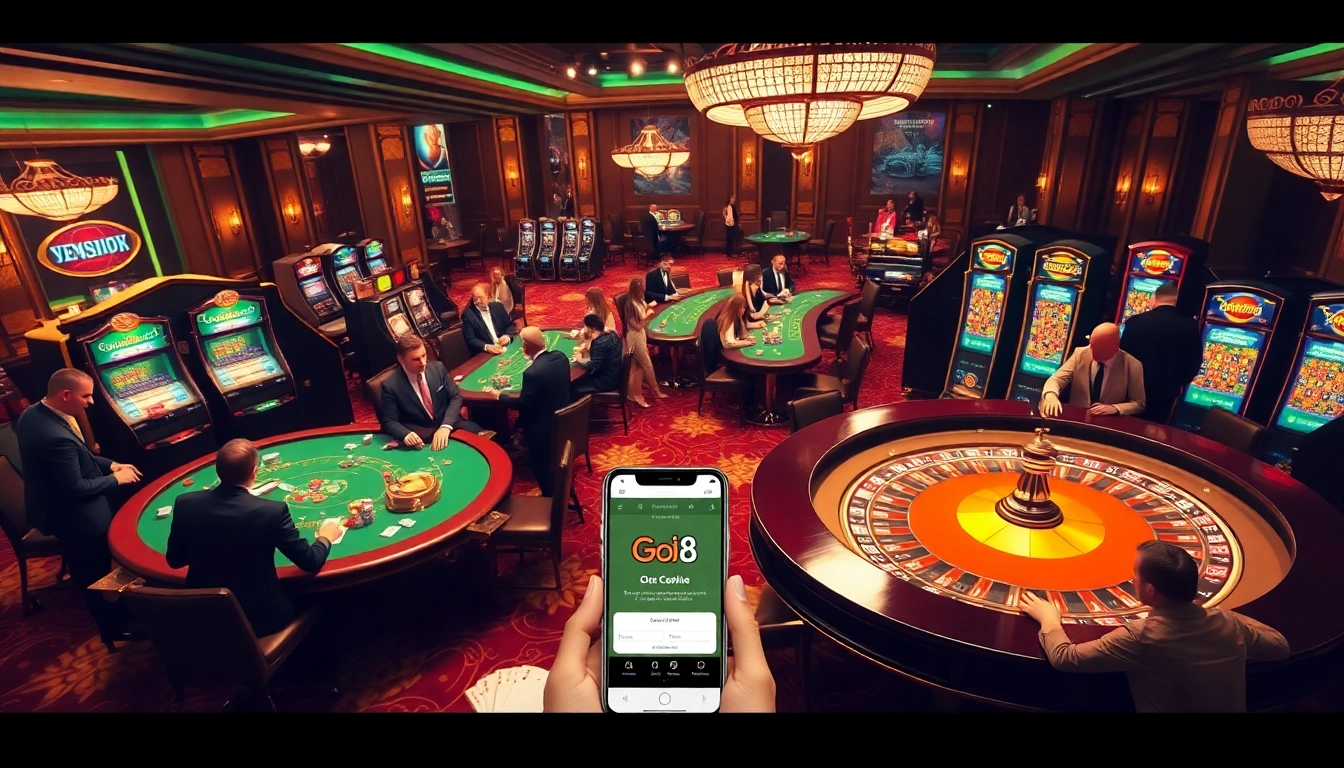 Go8 players engaging in exciting gambling activities at a luxurious casino featuring classic tables and mobile gaming options.