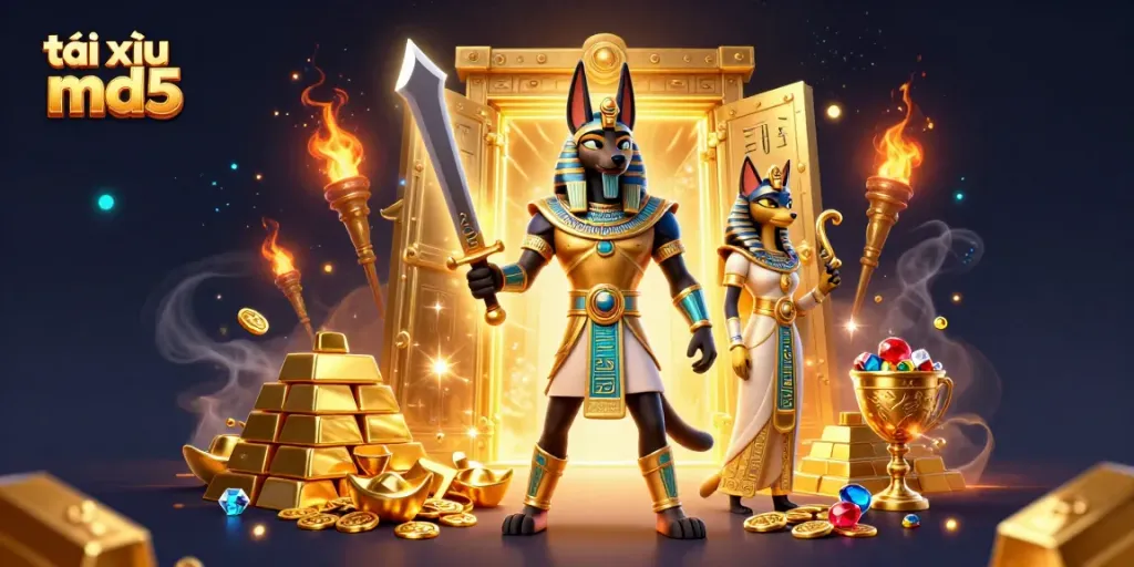 Engage in the exciting world of tài xỉu md5 with a dynamic 3D illustration showcasing ancient warriors and treasures.