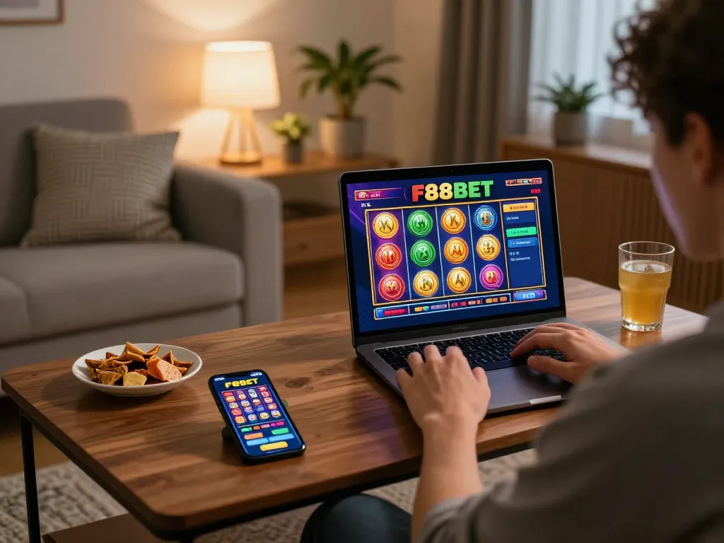 A person engaging with the F88BET online casino on a laptop in a cozy home setting, showcasing modern gaming.
