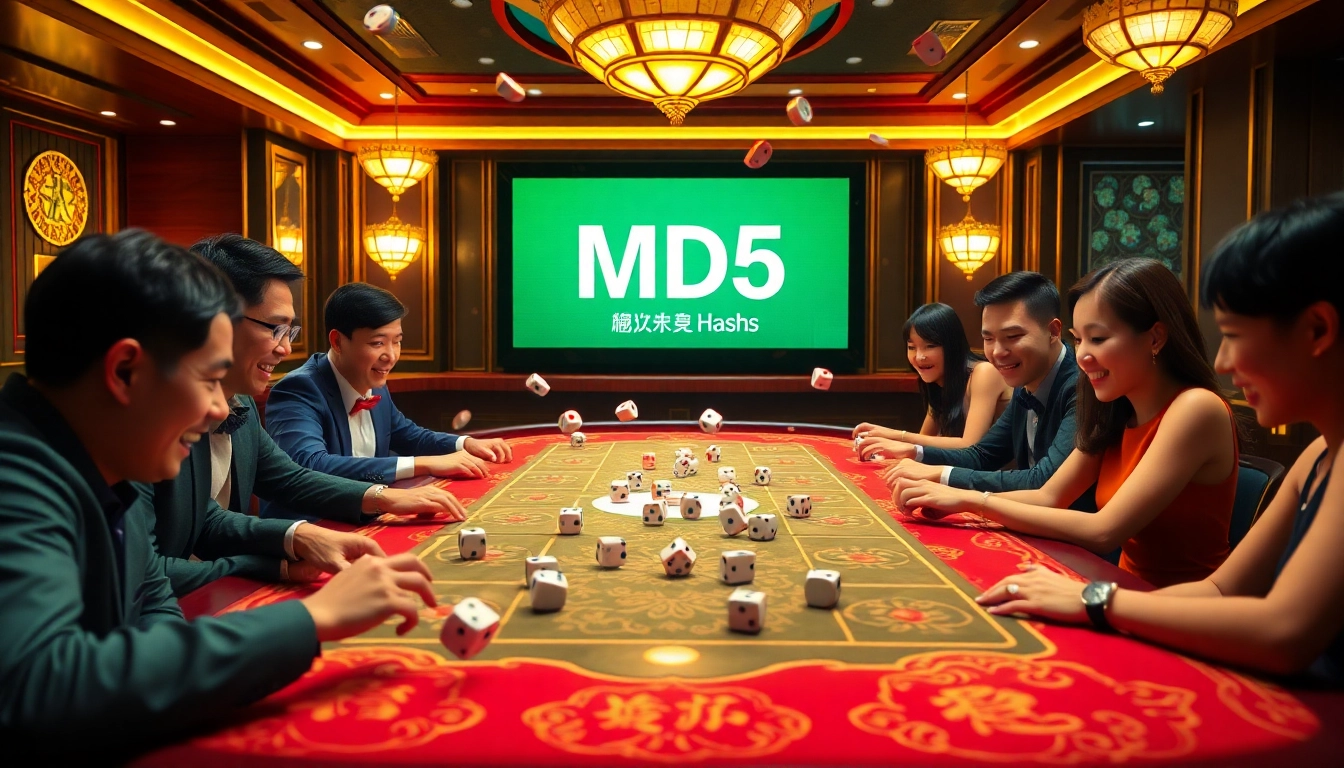 Exciting players enjoying Tài Xỉu MD5 at a luxurious casino table surrounded by vibrant atmosphere.