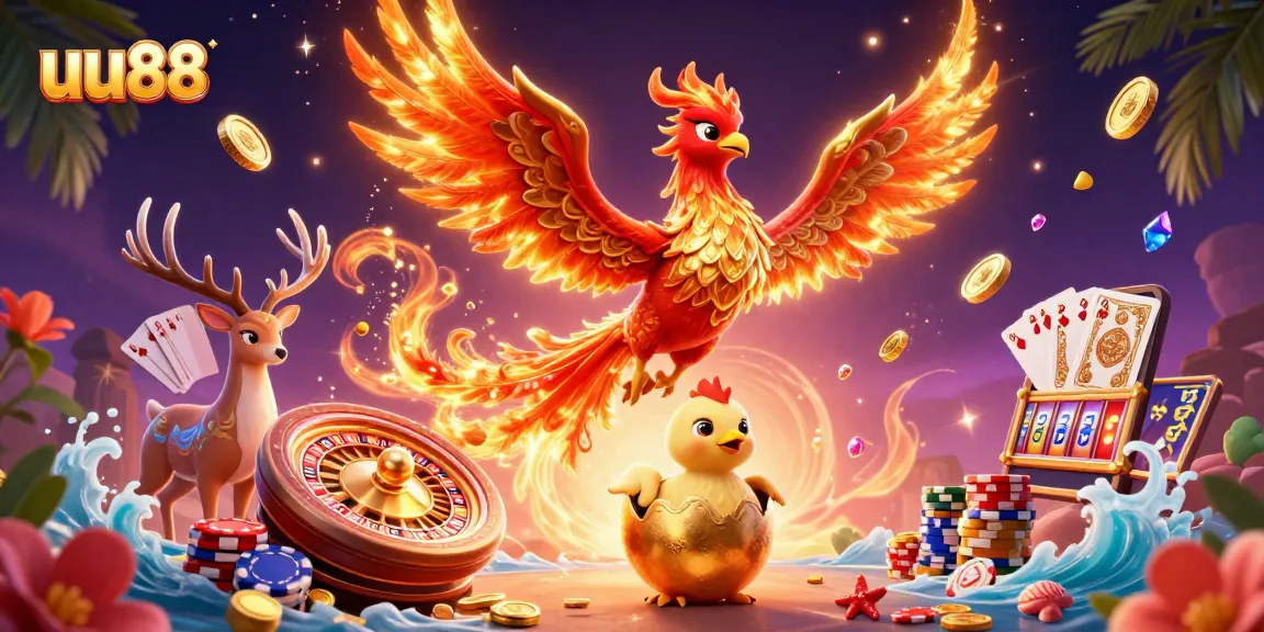 Experience the thrill of uu88 with a vibrant 3D casino scene featuring a phoenix and treasures.