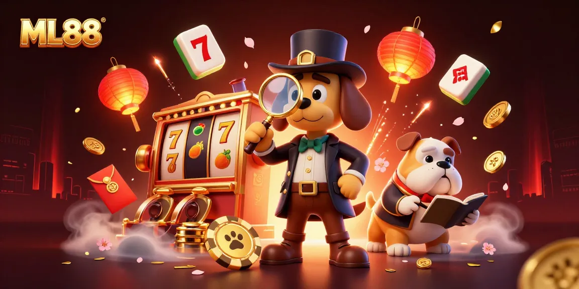 Engage in the excitement of ML88 casino games with a cartoon detective exploring poker clues amidst vibrant gambling symbols.