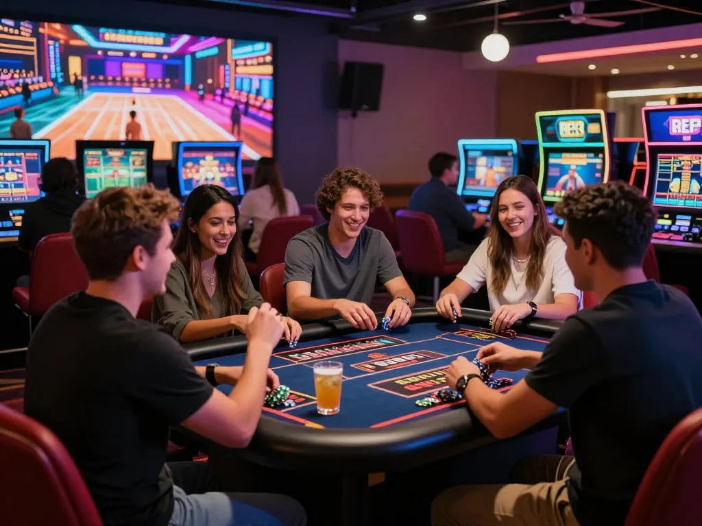 Friends enjoying a vibrant gaming night at https://nohu78.de.com with interactive roulette table and bright atmosphere.