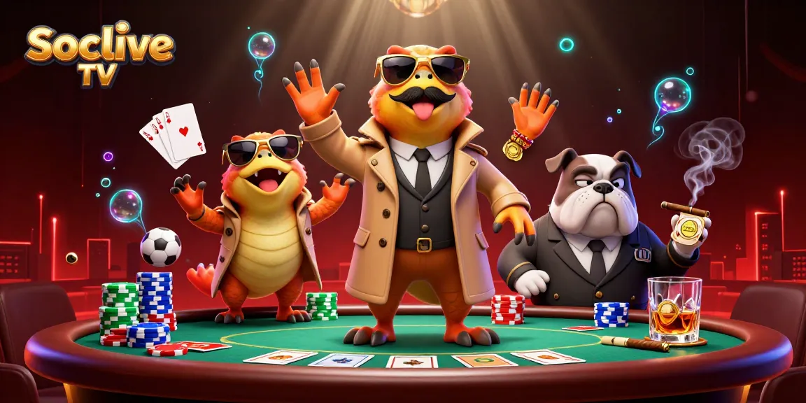 Socolive TV showcases thrilling betting action with cartoon raptors in a trench coat at a casino.