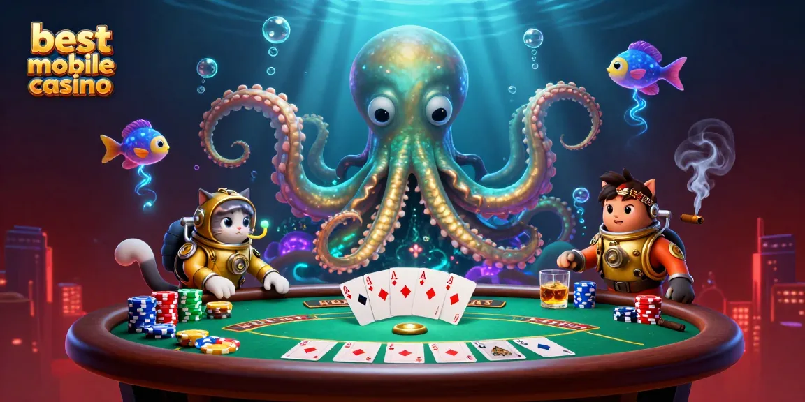 Experience the excitement of the best mobile casino with a kraken, diving cat, and poker elements.
