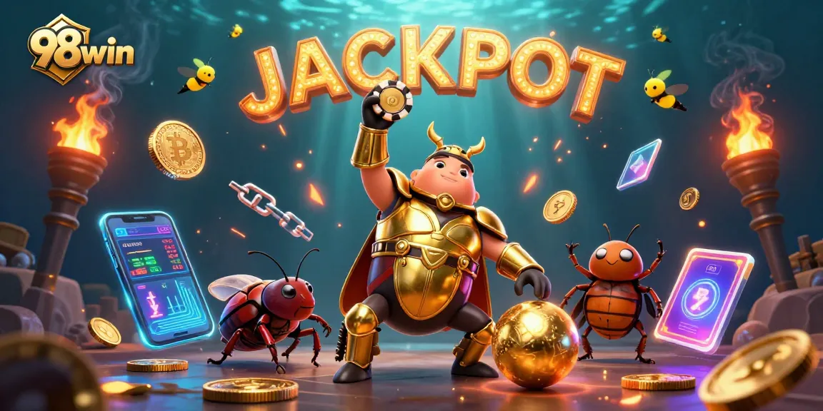 98win's animated scene showcases a victorious beetle and fireflies celebrating jackpot wins in a vibrant casino realm.