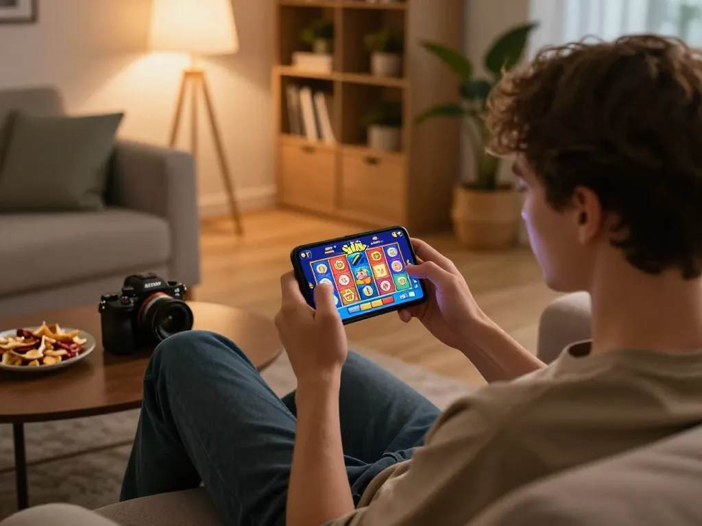 Thưởng thức trò chơi cá cược trực tuyến với ứng dụng Sun win trên smartphone trong phòng khách ấm cúng