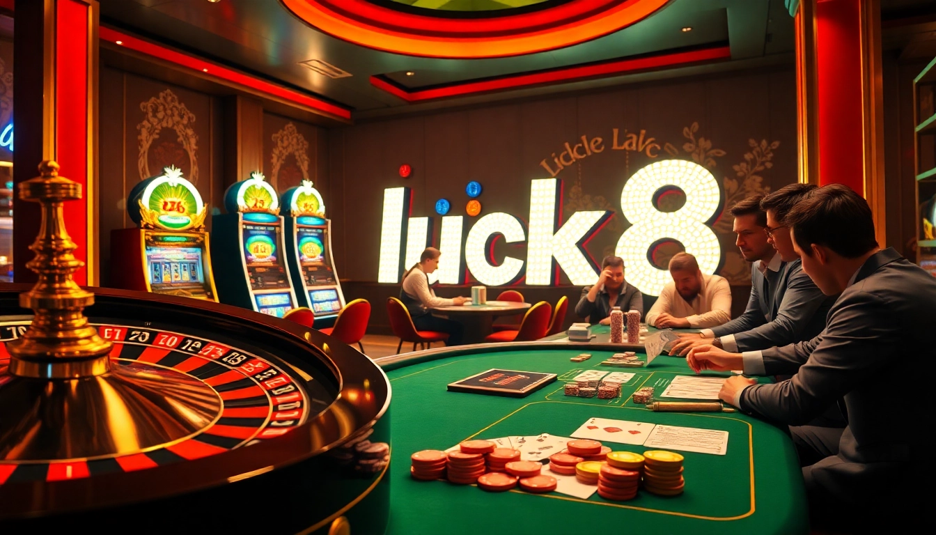Engage with luck8 at a vibrant casino with roulette and poker games amidst high-energy excitement.
