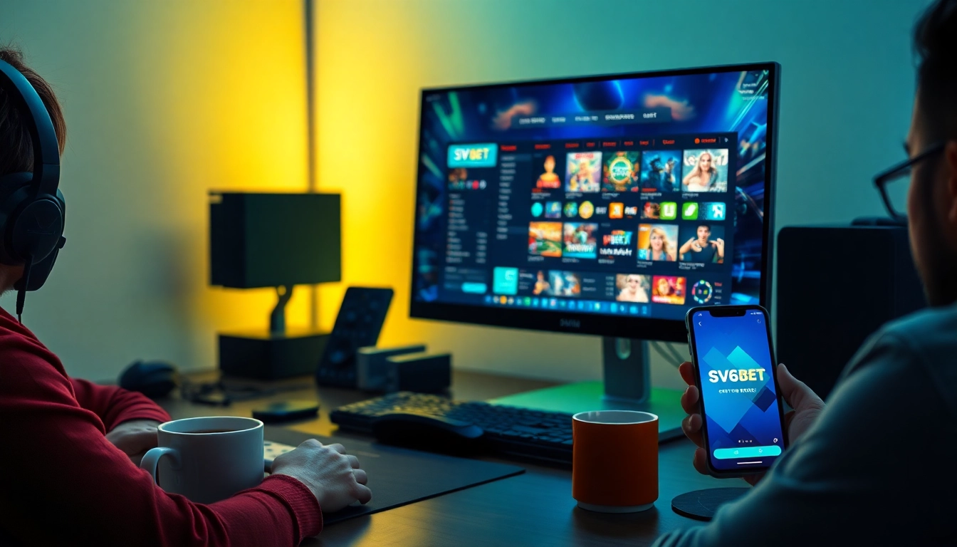 Experience the excitement of SV66 BET in a vibrant online gaming setup featuring casino games and modern devices.