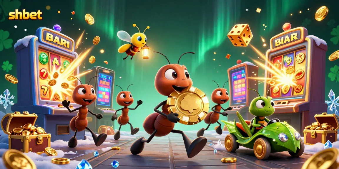 shbet themed illustration of ants heisting a golden poker chip surrounded by casino elements.