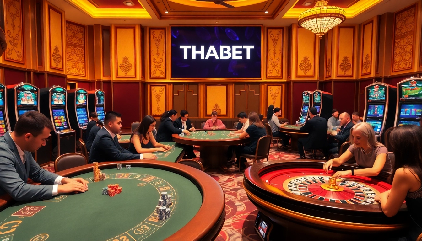 Engaging poker game scene at a THABET casino, featuring vibrant colors and luxurious ambiance.