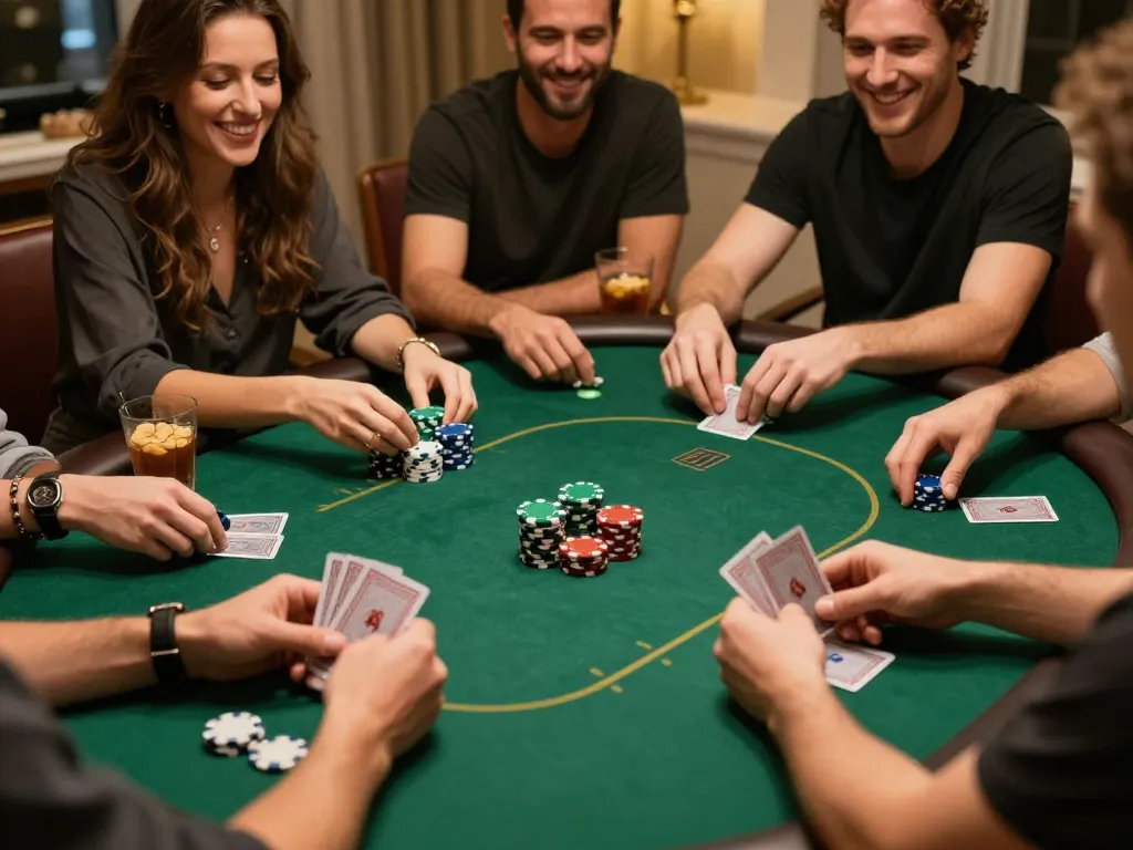 Players enjoying Texas Hold'em at home poker night, showcasing a fun and engaging game at xo88.