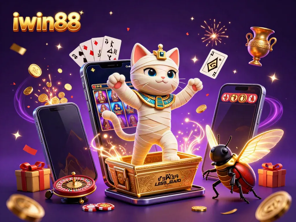 Win big with iwin88 featuring a vibrant scene of a mummy cat in a casino with gold coins and slot games.