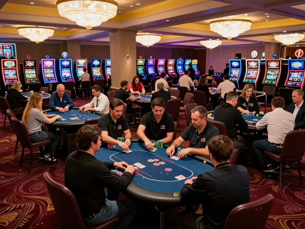 Các người chơi tận hưởng trò chơi poker Sun win tại bàn casino sôi động với các dealer quản lý cược