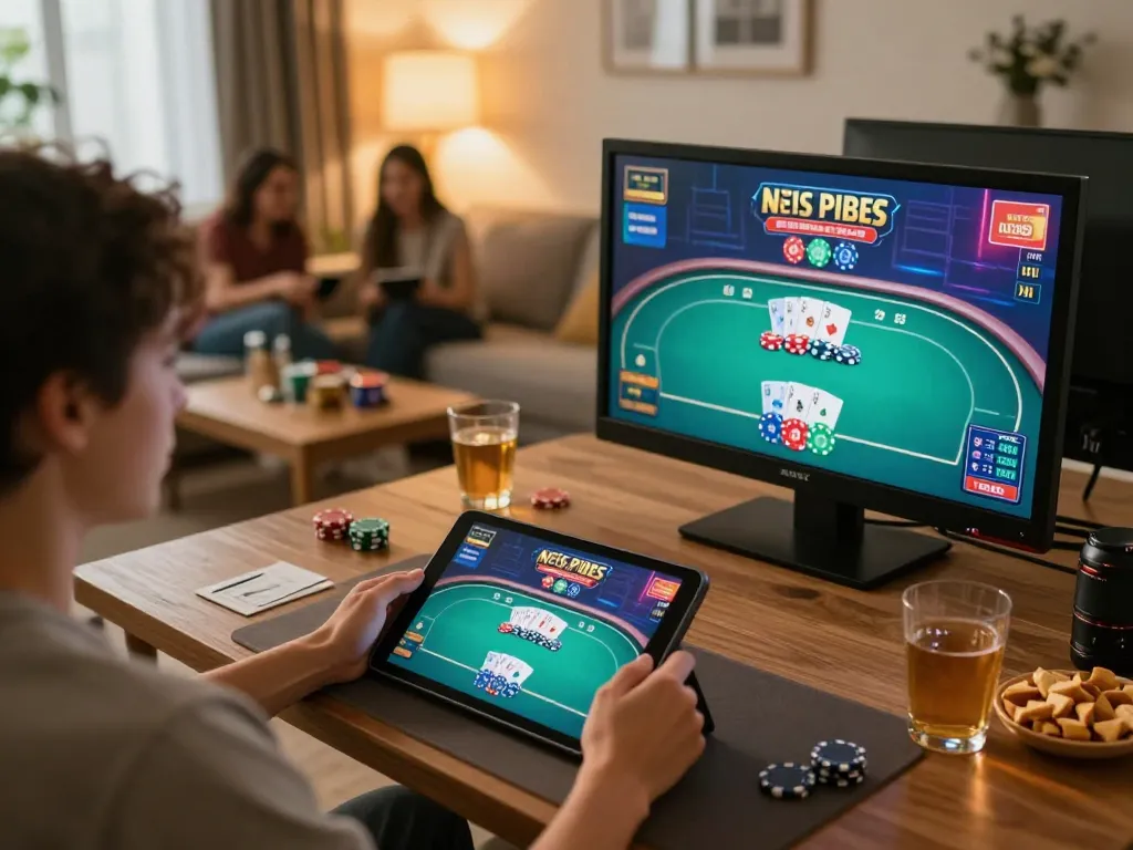 Player enjoying a home online casino gaming session with s666 on tablet amid social atmosphere