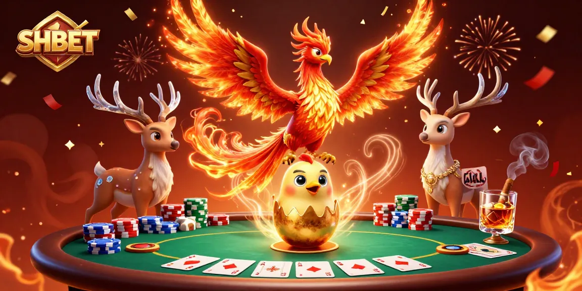 Join the thrilling world of SHBET with a vibrant 3D phoenix scene packed with poker excitement.