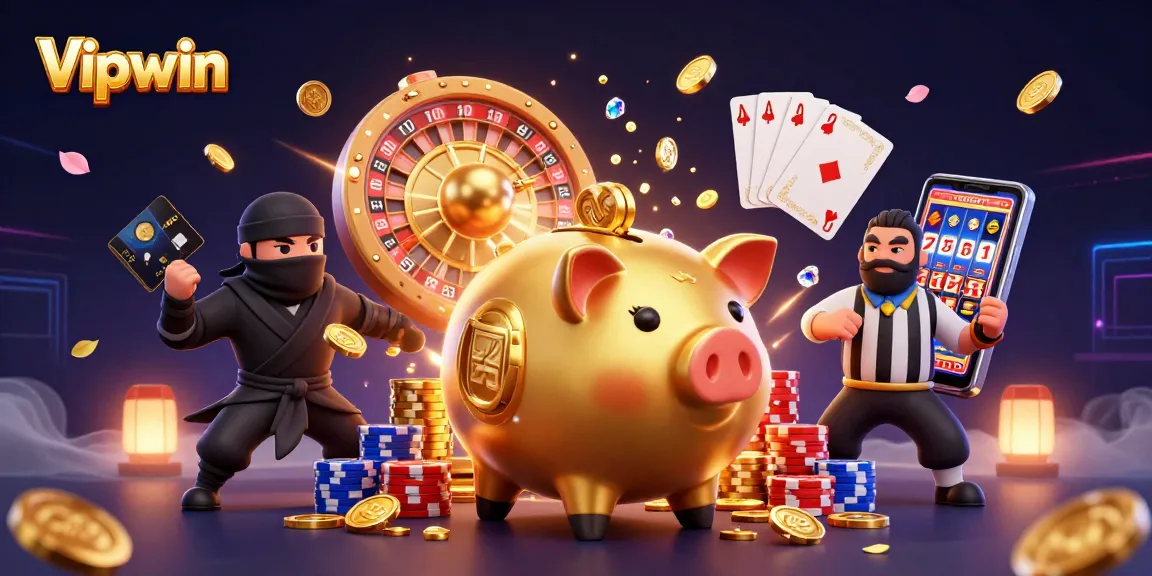 Experience the excitement of Vipwin with cartoon characters celebrating in a vibrant 3D casino scene.