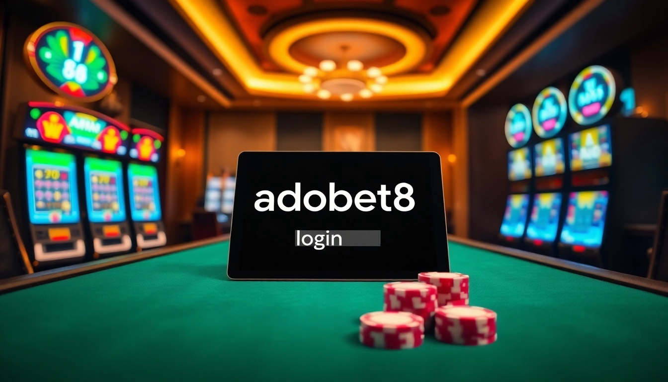 Exciting ADOBET88 login experience at a modern casino table with vibrant slot machines.