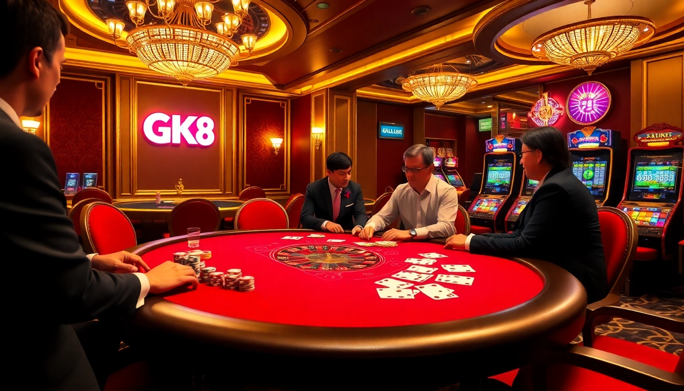 Experience the thrill of high-stakes gaming at GK 88 casino with luxurious tables and vibrant poker chips.