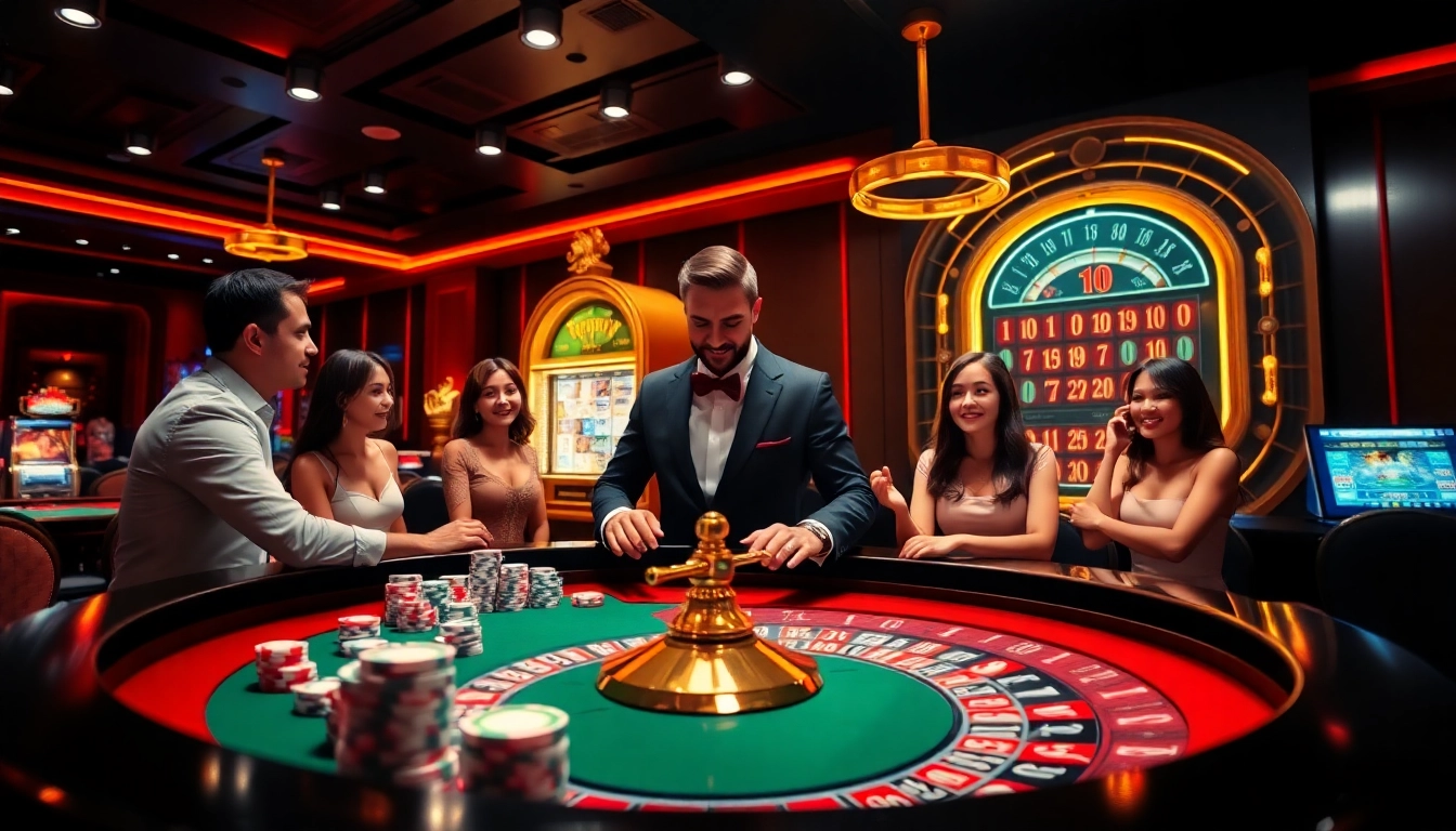 Experience thrilling gameplay at https://789winjj.com/ with a vibrant casino scene featuring roulette and slot machines.