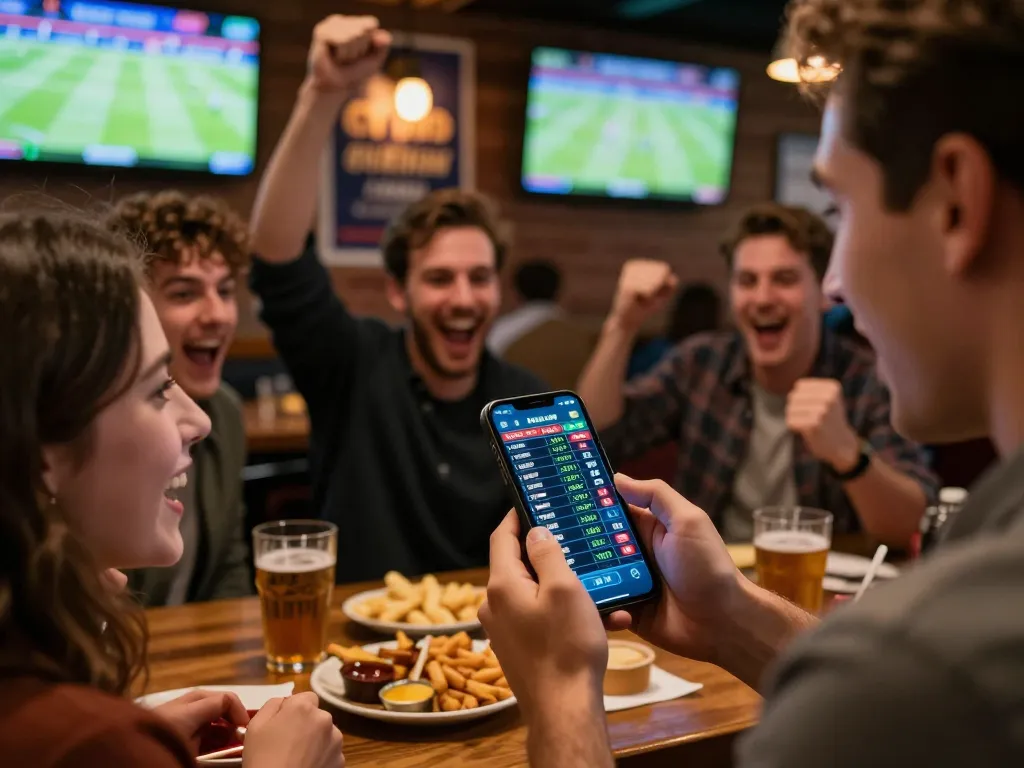 Cheering at a sports bar with smartphone showing NHÀ CÁI DABET live betting odds, joyful friends celebrating together.