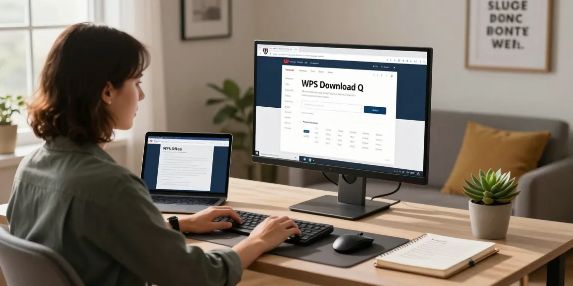 WPS Download in a modern workspace with a laptop and tablet, displaying productivity tools.