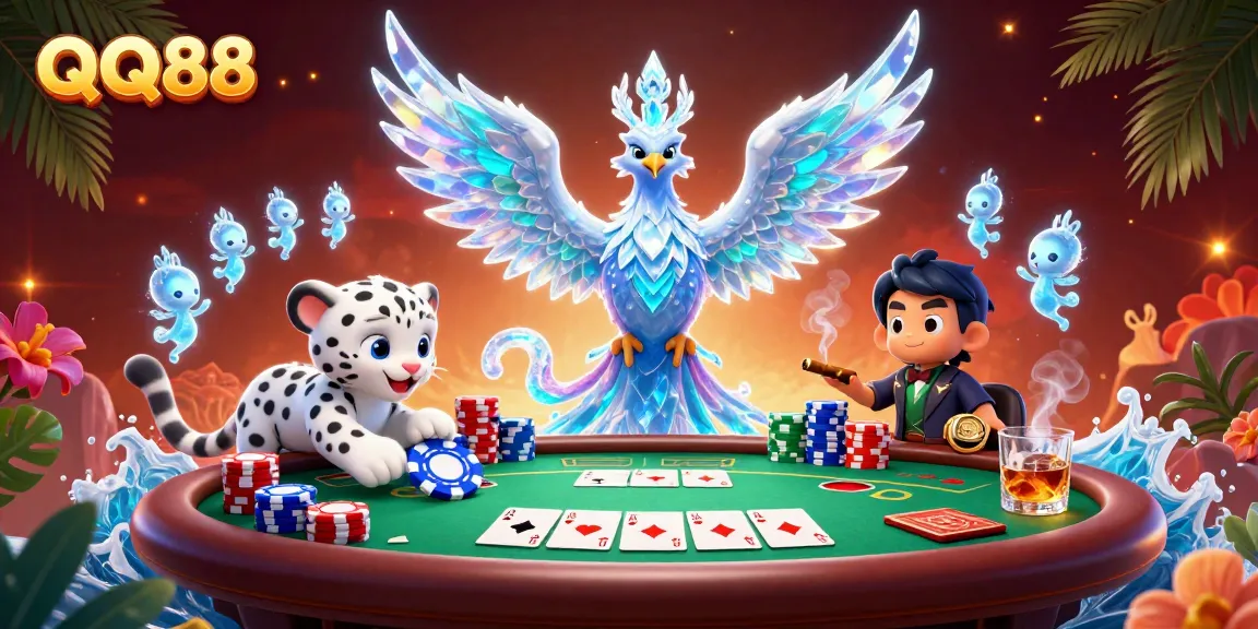 Experience thrilling gameplay at QQ88 with an ice phoenix, poker chips, and vibrant casino action.