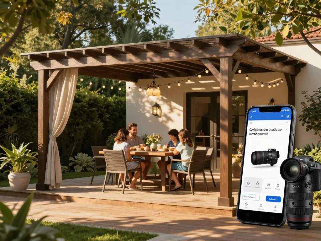 Configuratore pergola personalizzato che mostra una famiglia che si gode il relax all'aperto sotto il configuratore pergole con preventivi automatici.