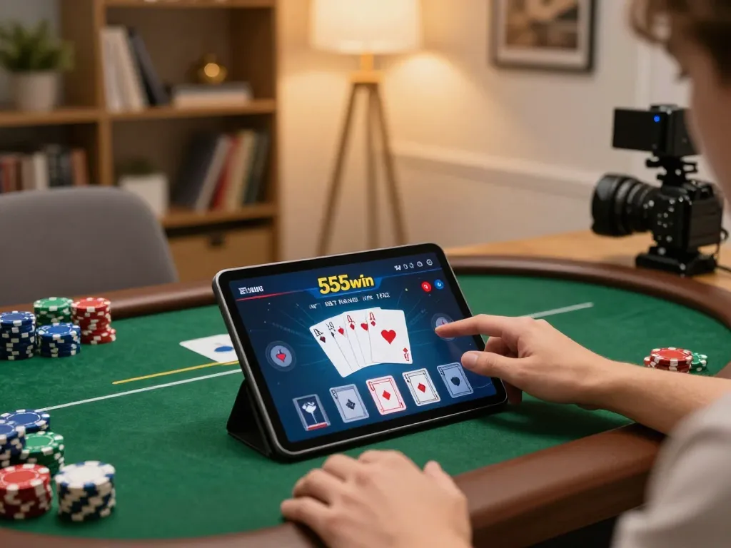 Player enjoying 555win poker on tablet at home, displaying cards and chips in a cozy atmosphere