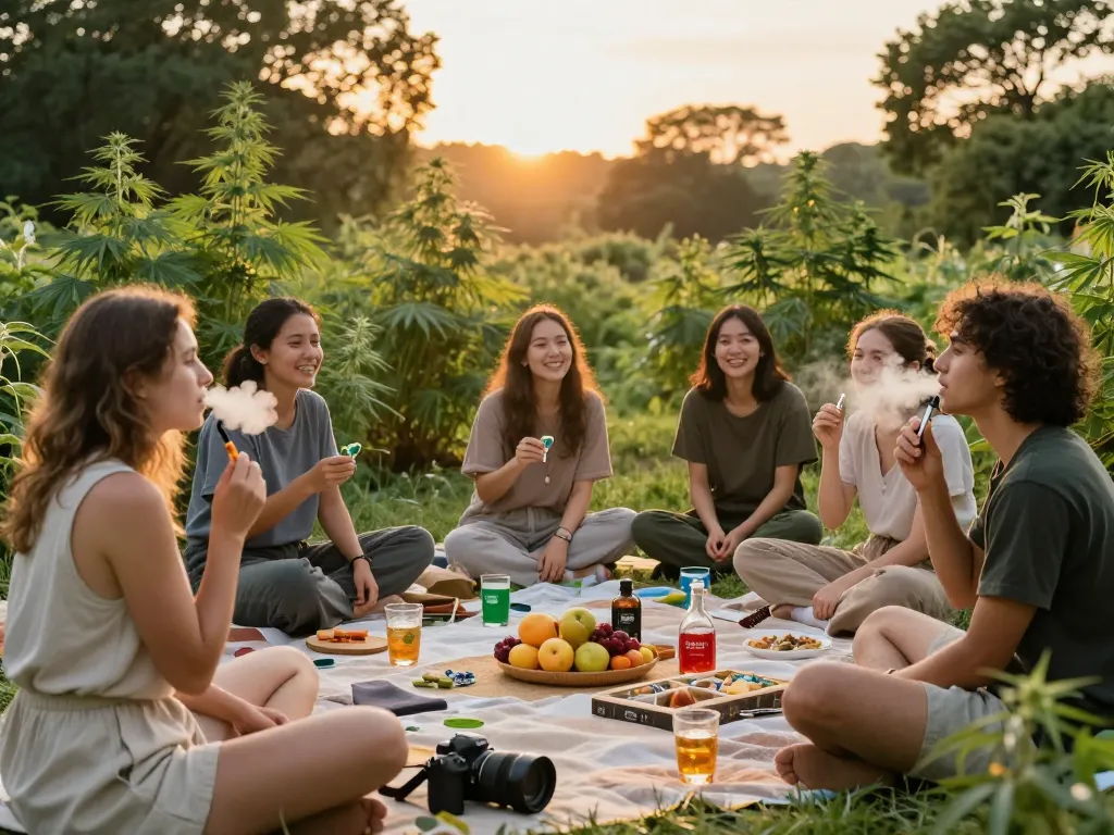 Vaporizzatori THC utilizzati in un incontro sociale per il benessere con amici, godendo di snack biologici e prodotti per il benessere, migliorando i benefici per la salute della comunità.