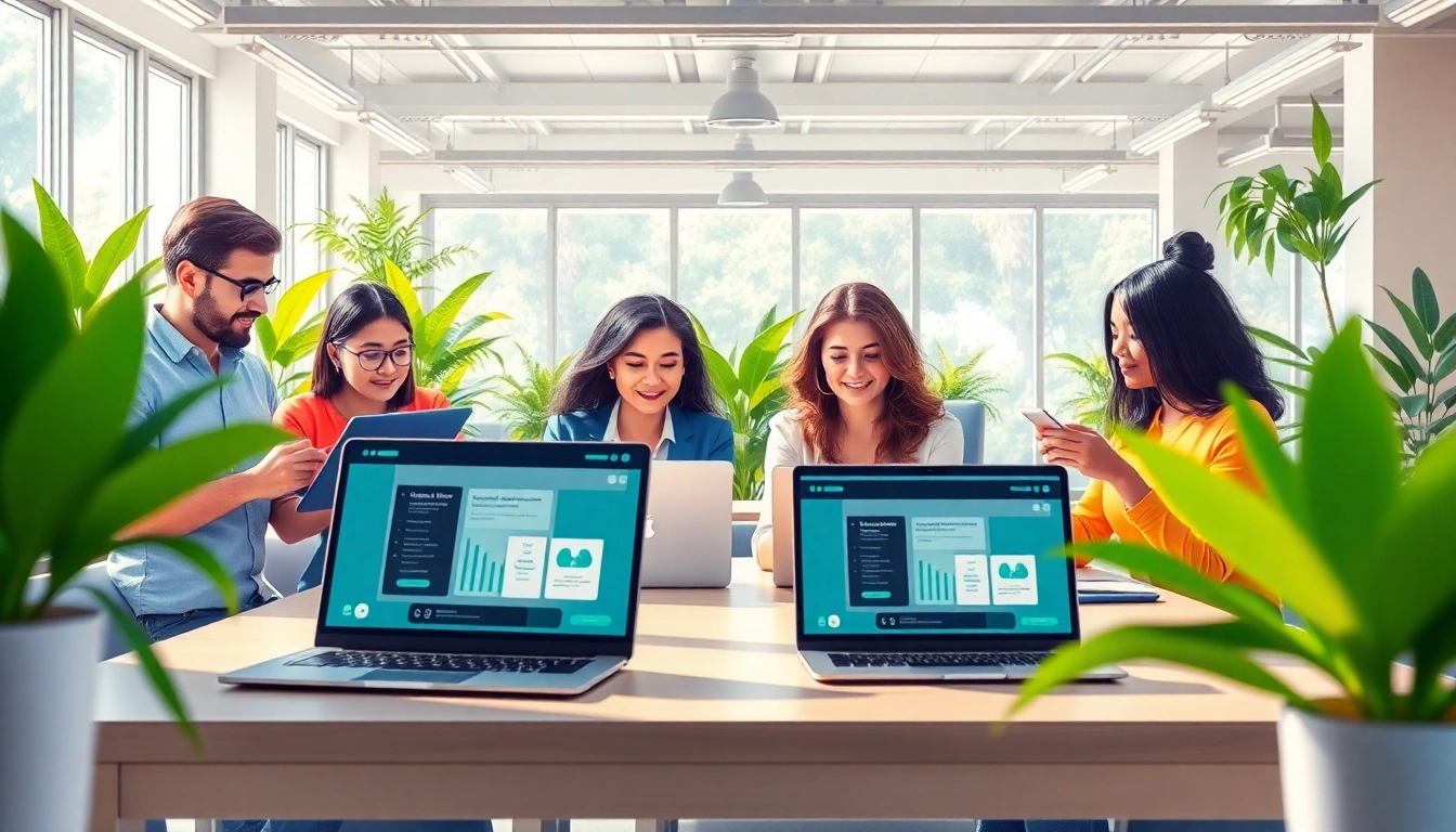 Collaborative professionals using SaaS applications in a modern office workspace.