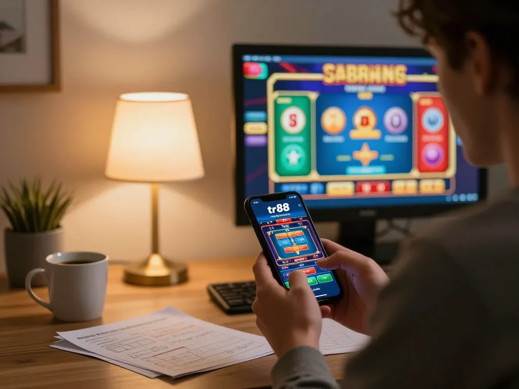 Player engaging with tr88 mobile app in a cozy home office for online gambling.