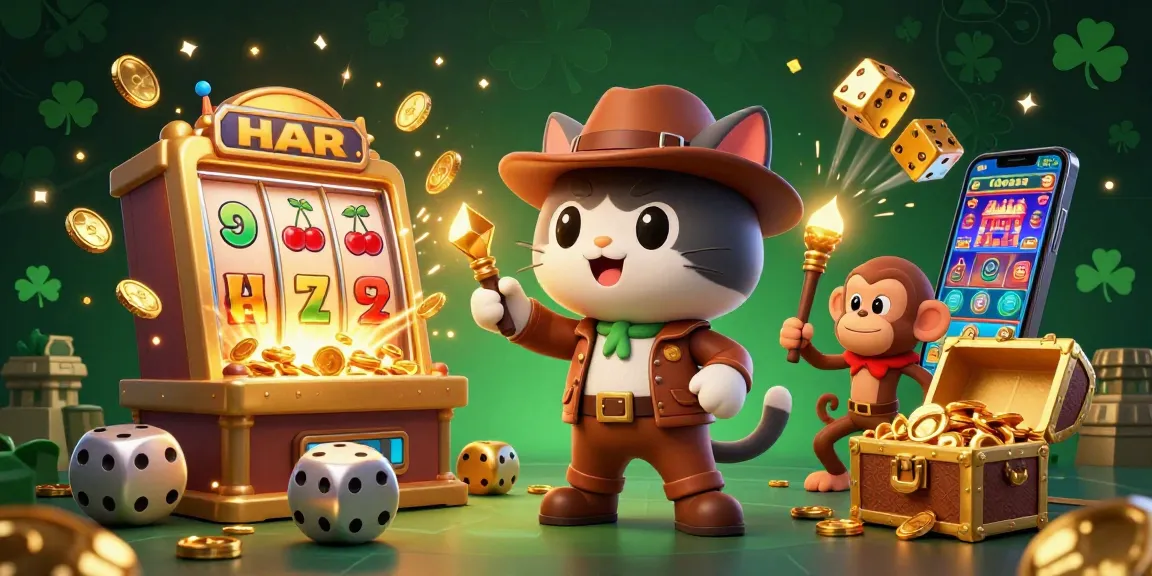 Experience thrilling gameplay with tr88 as a cartoon explorer cat discovers golden casino treasures amidst vibrant slot machines.